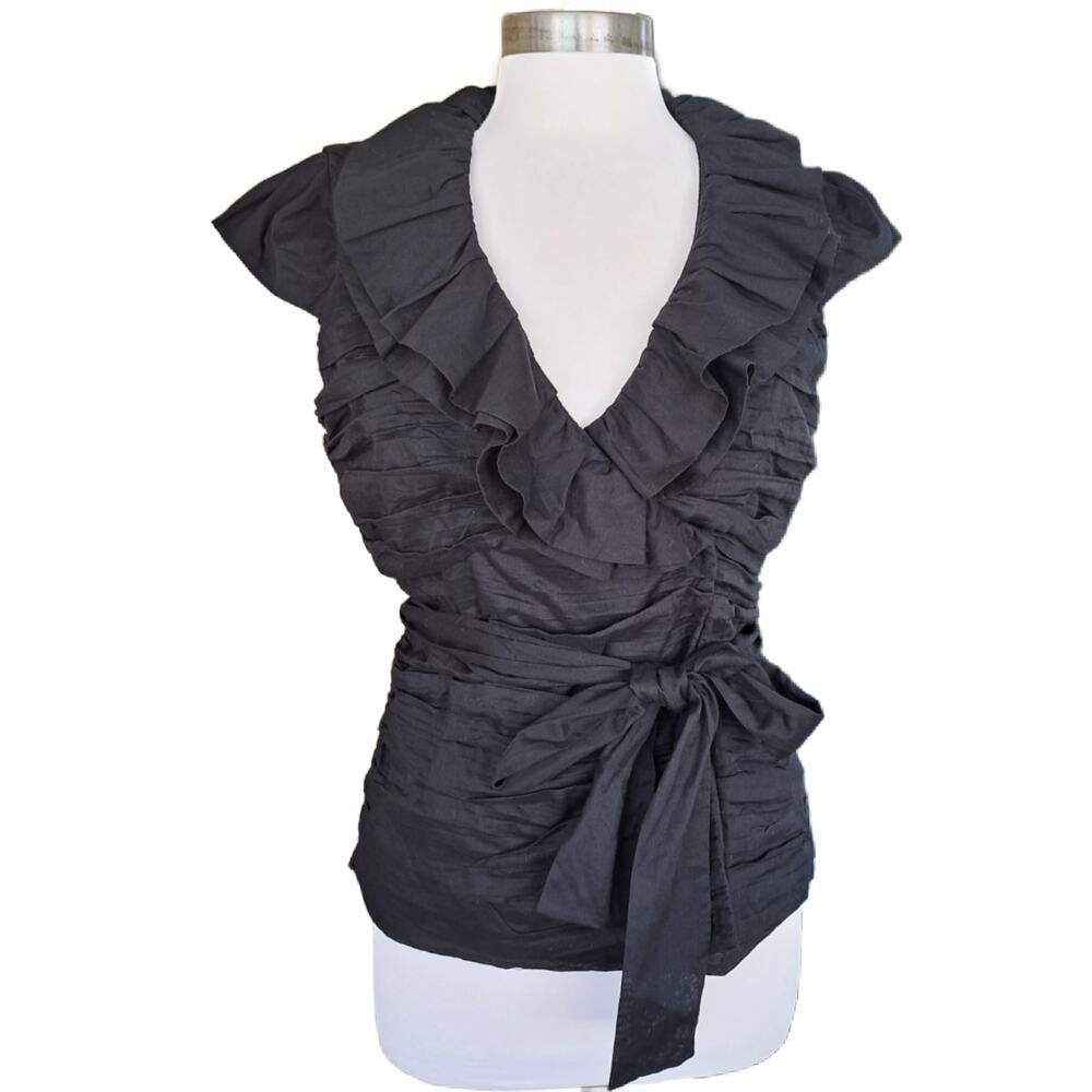 Calvin Klein Black Ruffle Wrap Top Tie Waist Top Cap Sleeve Jacket